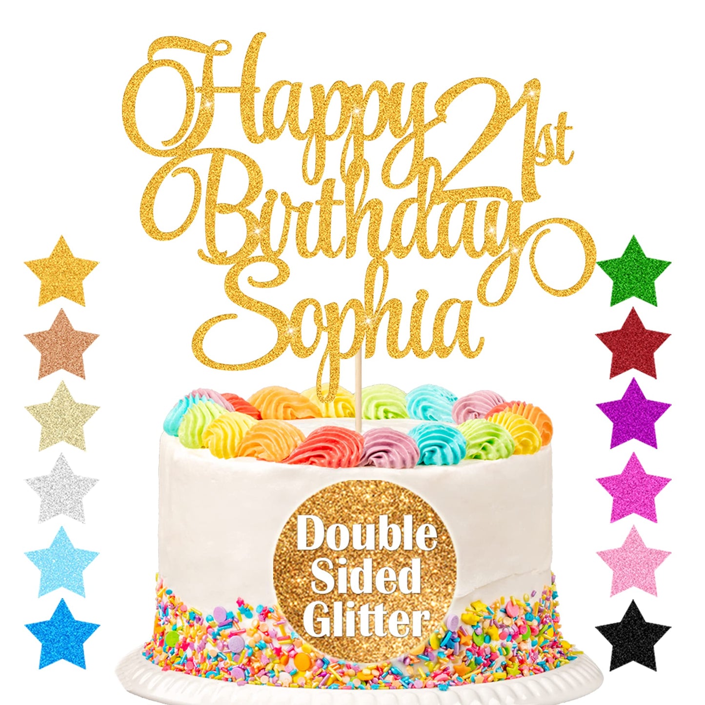 EDSG Happy Birthday Cake Topper Personalized Glitter Decoration 7x4 Gold