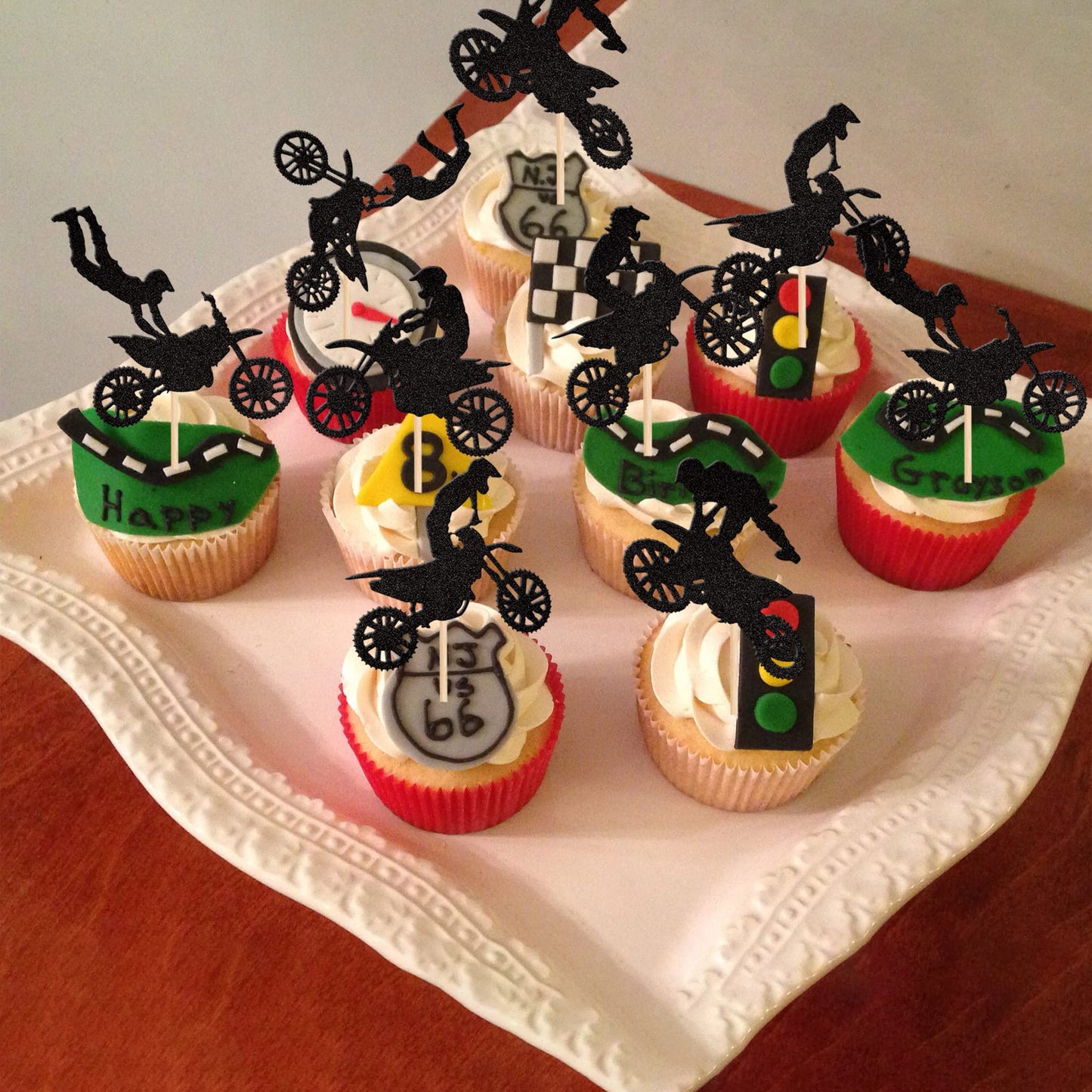 24 Pcs Motorcycle Cupcake Toppers Black Glitter Motocross Dirt Bike Party Cupcake Picks For Sports Motocross Theme Man Boy Birth