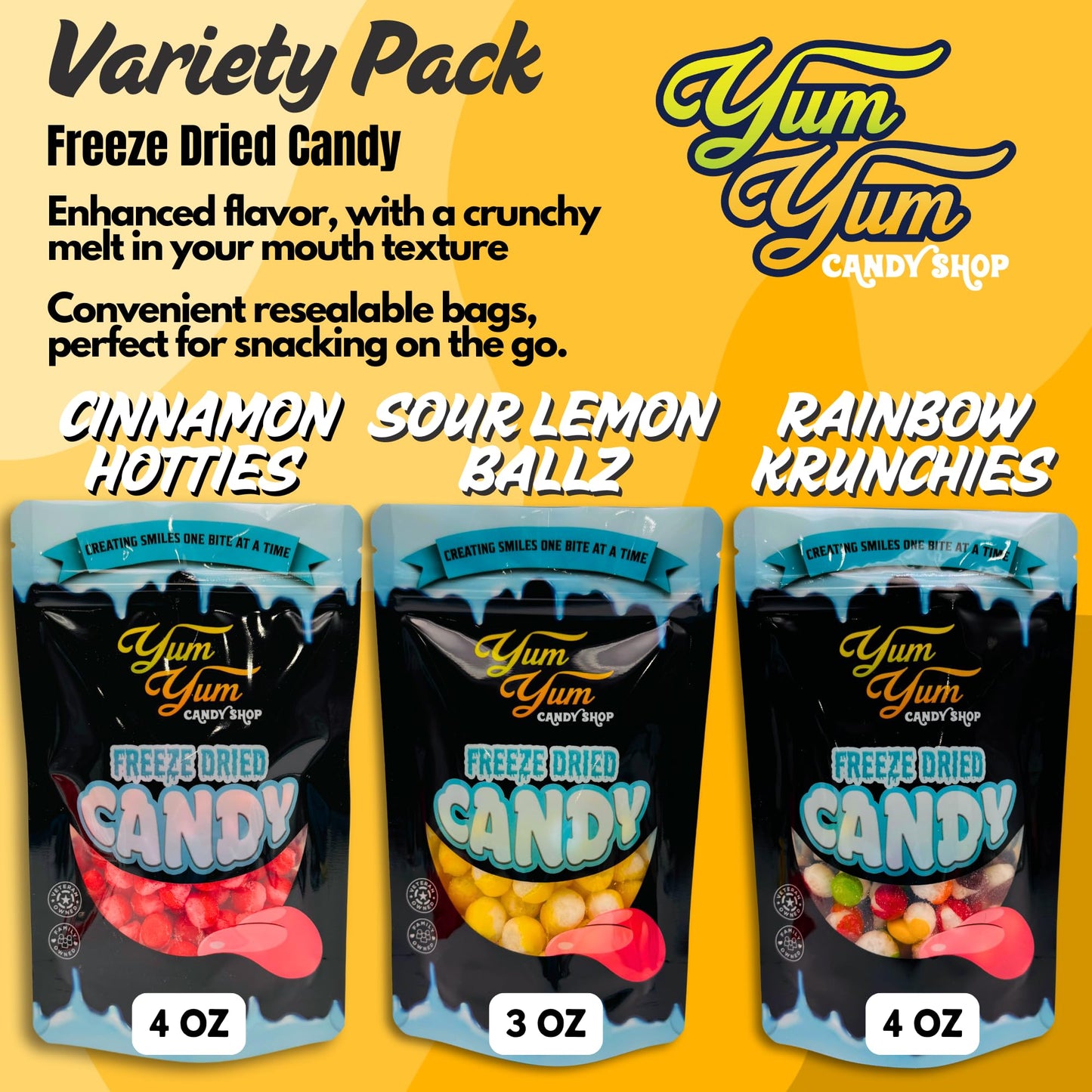 Generic Freeze Dried Candy Variety Pack – 10oz – Rainbow Krunchies, Sour Lemon Ballz, Cinnamon Hotties – Multicolor