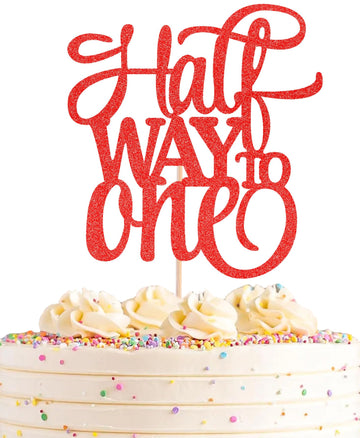 AHAORAY Half Way To One Cake Topper - Red Glitter 6 Months Birthday Decorations Supplies - Half Birthday Decorations Baby Girl, 