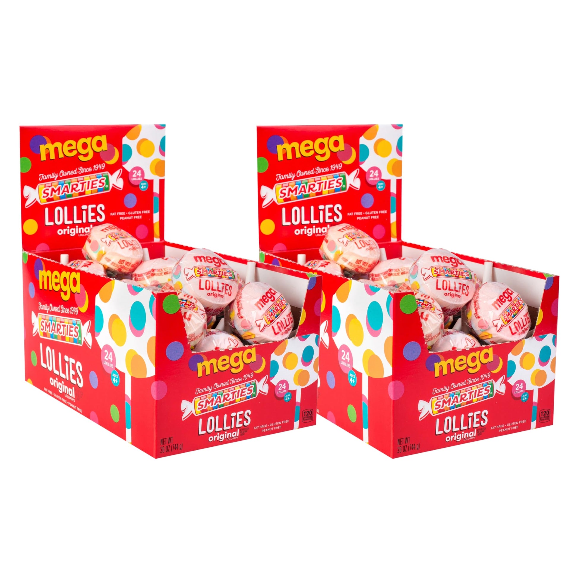 Smarties Double Lollies Mega - Gluten Free  Peanut Free  Fat Free Assorted Fruity Flavors Lollipops - Perfect for Birthdays  Parties - Made by US Candy Company Since 1949-24 Count Box (Pack of 2)