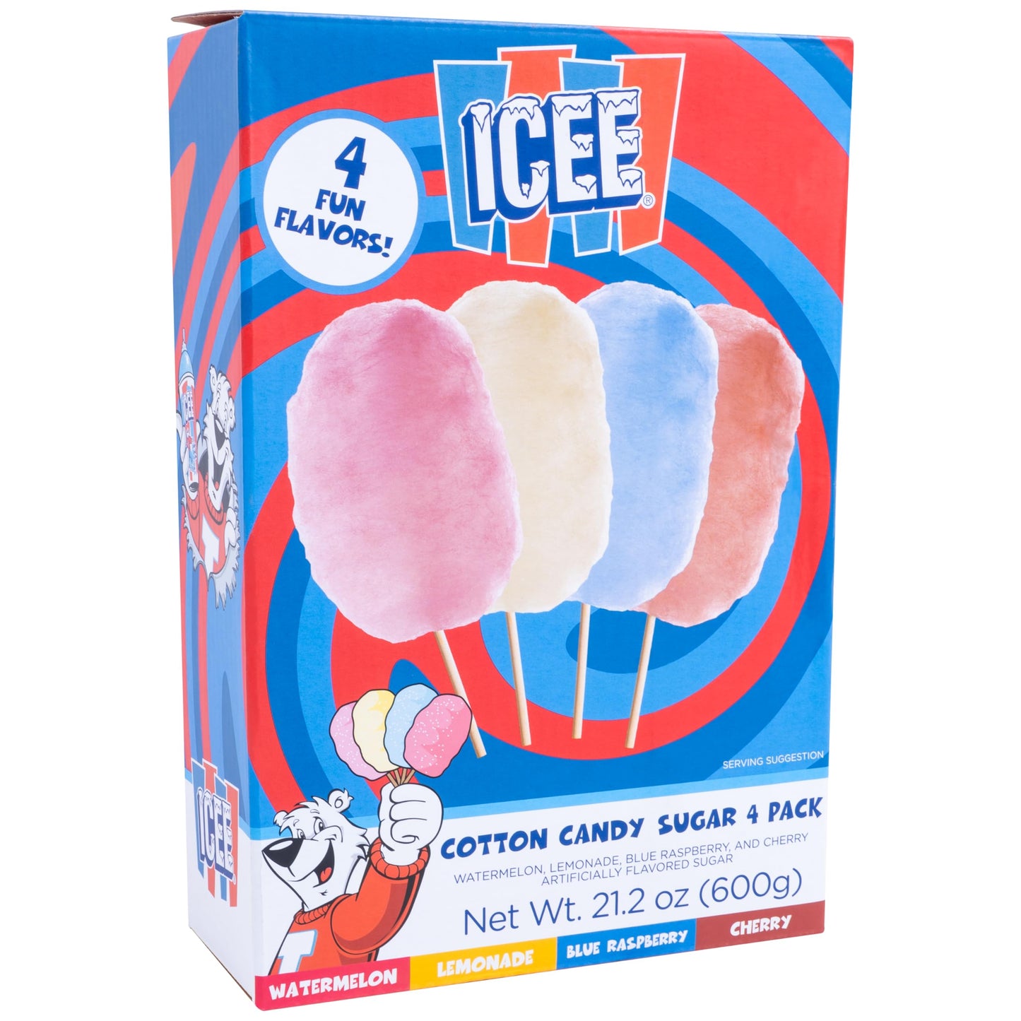 ICEE Cotton Candy Sugar. Pack of 4 Includes Watermelon, Lemonade, Blue Raspberry & Red Cherry Flavors. Officially Licensed ICEE