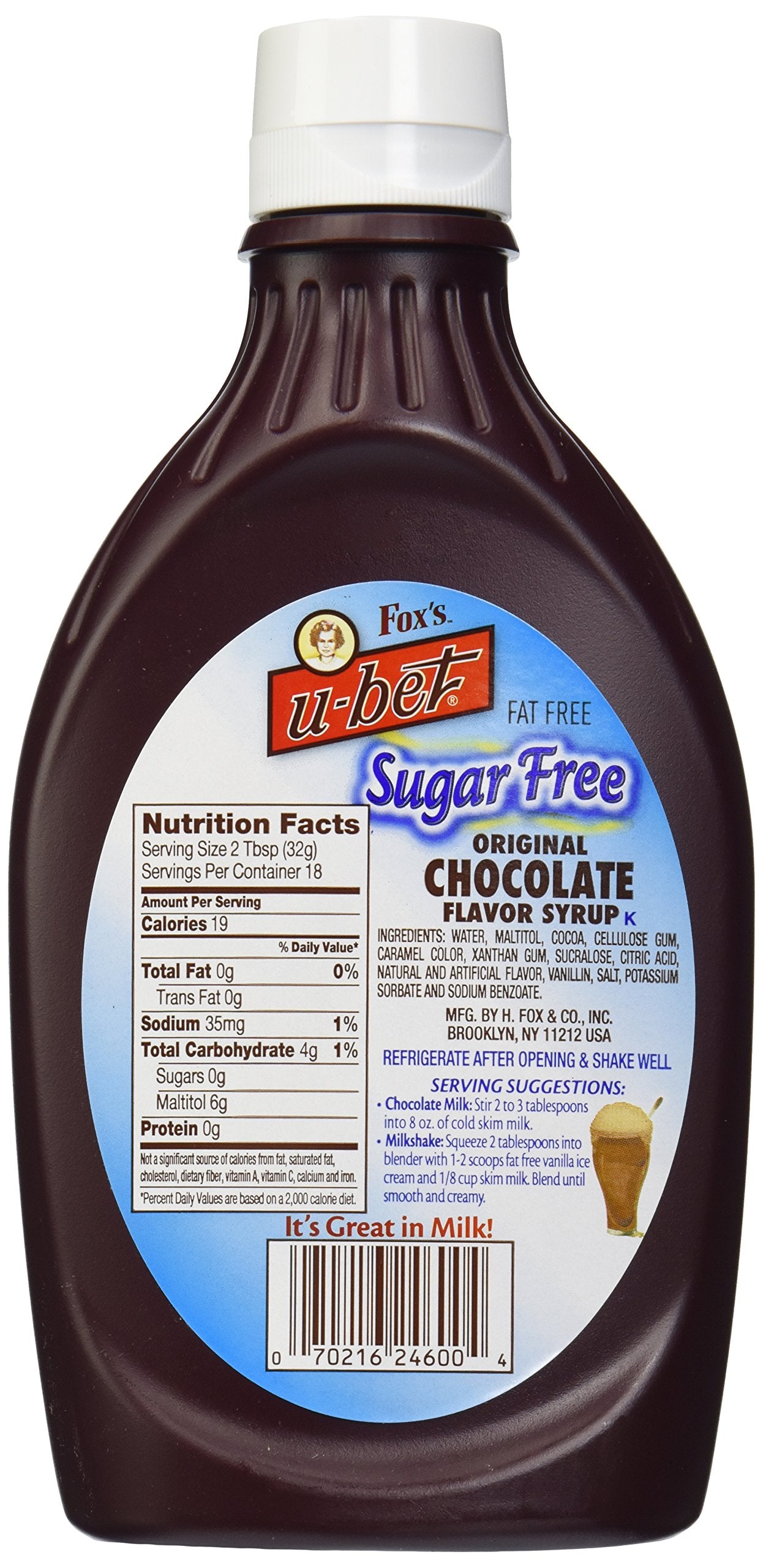 FOXS U-BET Sugar Free Chocolate Flavor Syrup, 18 oz, 1.12 lb, Original