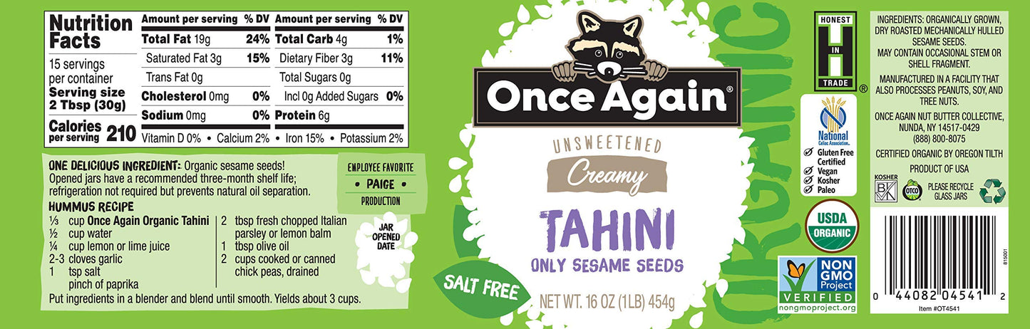 Once Again Organic Sesame Tahini, 16oz - Salt Free, Unsweetened - USDA Organic, Gluten Free, Vegan, Kosher, Peanut Free - Glass
