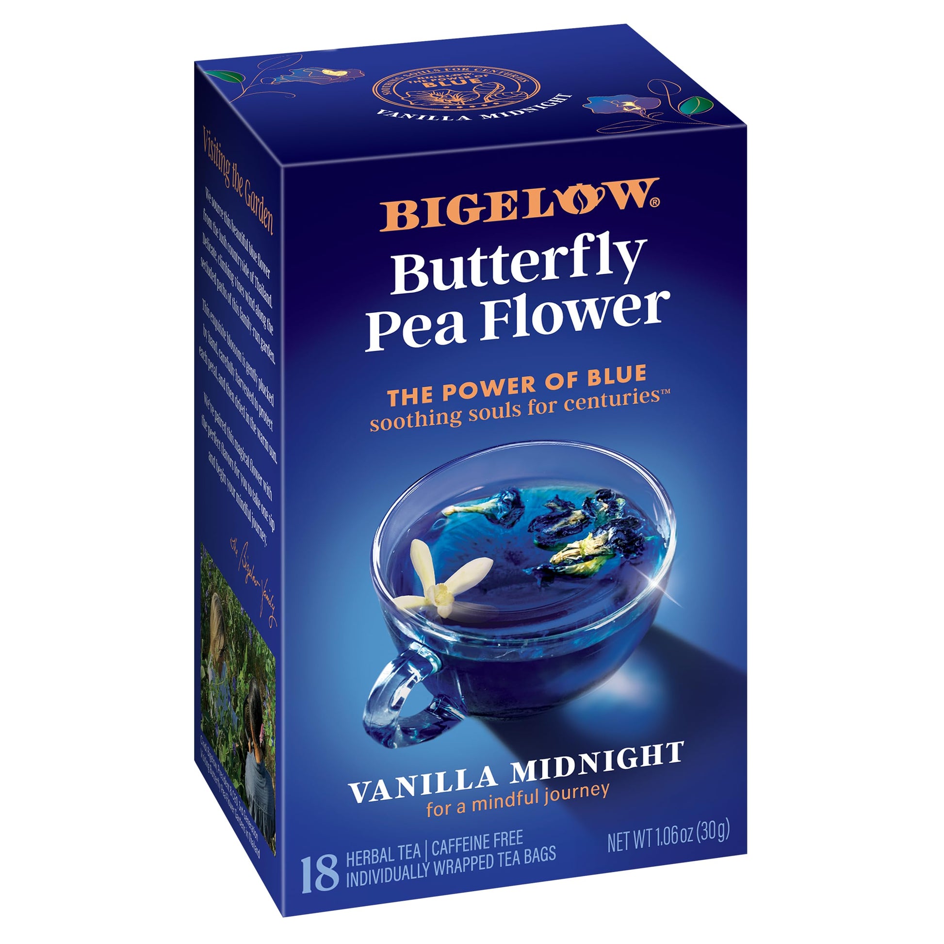 Bigelow Tea Vanilla Midnight Butterfly Pea Flower, Caffeine Free, 108 Total Tea Bags, 18 Count (Pack of 6)