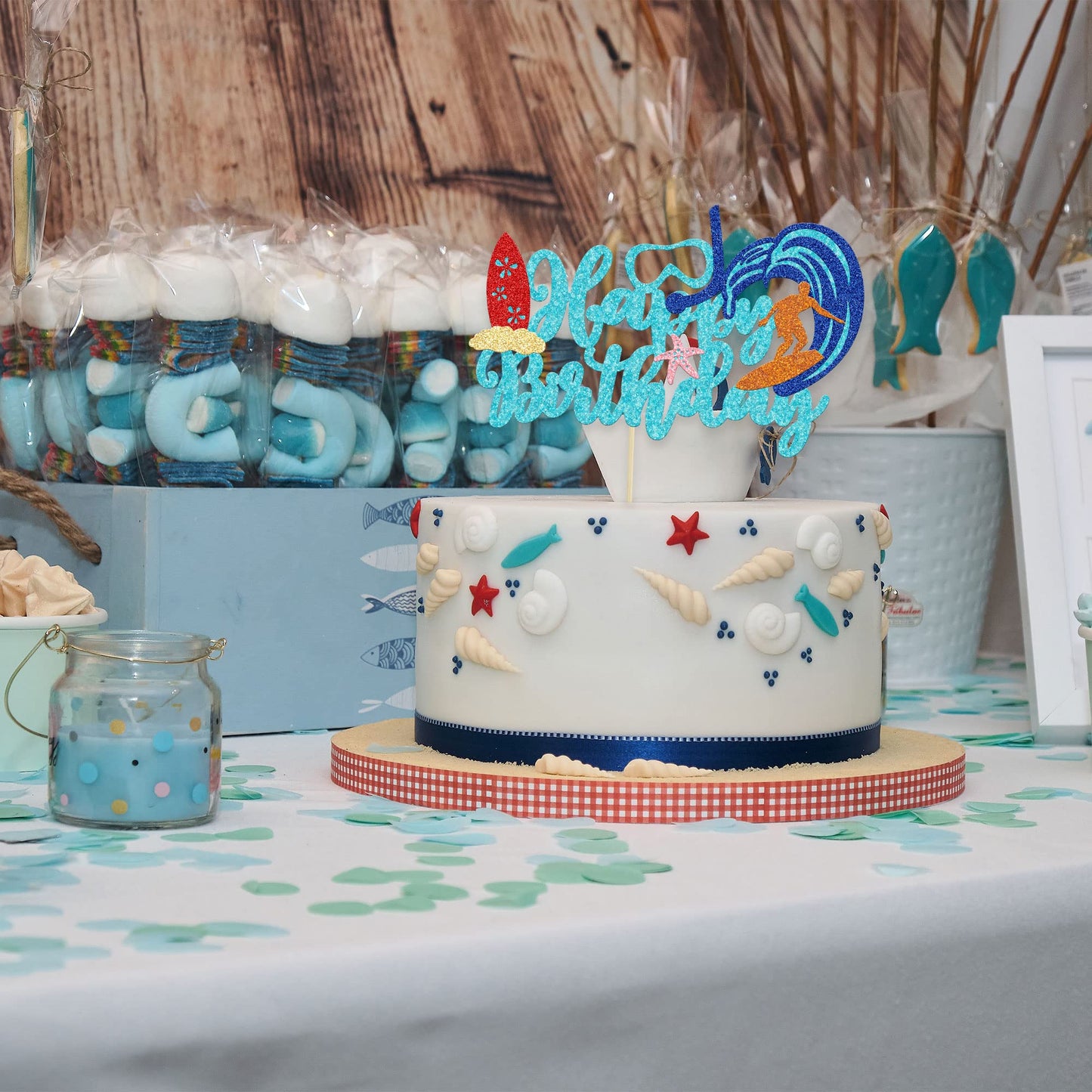 Gyufise 1Pc Summer Happy Birthday Cake Topper Blue Glitter Summer Pool Swimming Surfing Cake Decoration For Summer Holiday Beach
