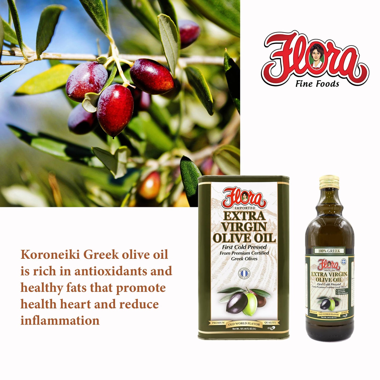 Flora Fine Foods 100% Greek Extra Virgin Olive Oil - 3 Liter Tin - Premium Quality, Extracted from Koroneiki Olives, Imported from Greece