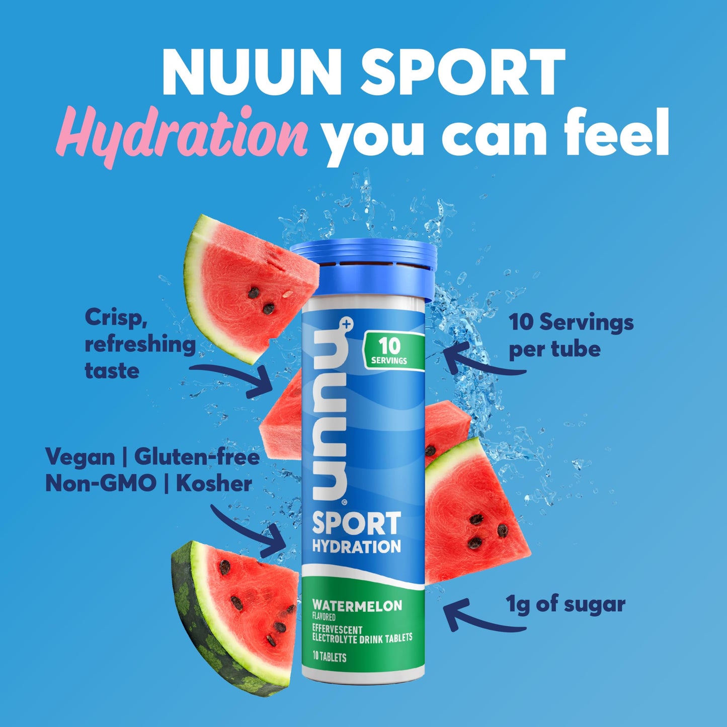 Nuun Sport Electrolyte compact pieces, Watermelon, 10 Count (Pack of 8), Model 811660020723