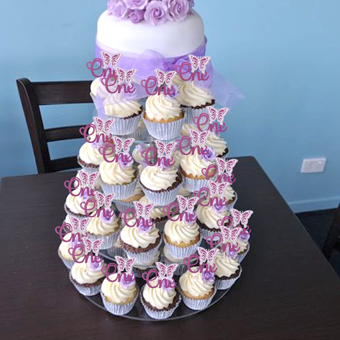 Rssta i Butterfly Cupcake Toppers, 24 Pack, Glitter, First Birthday, Purple, Model XM011