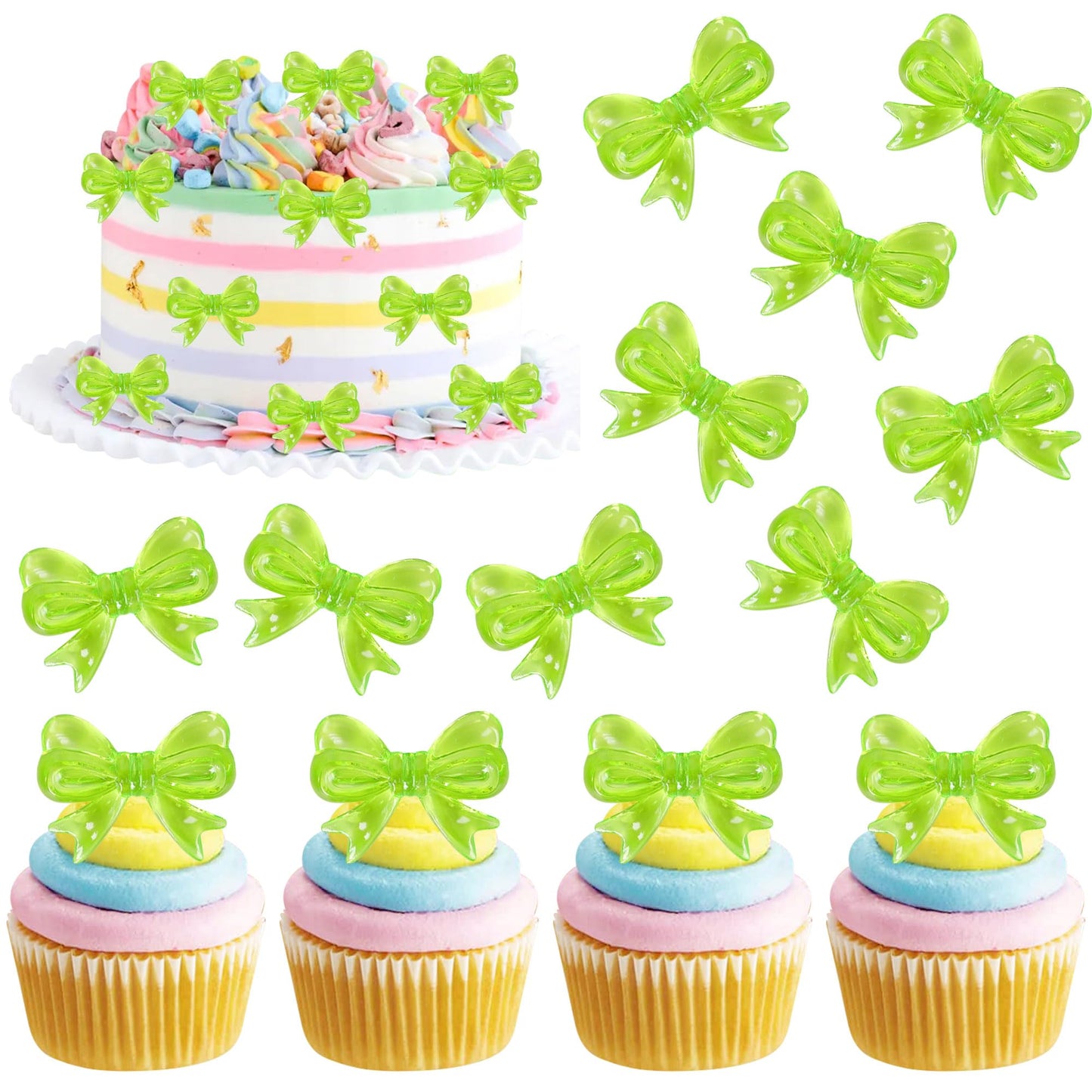 YCTHUNFISH 30 Pack Pink Bow Cupcake Toppers - Bowknot Paper Picks for Wedding, Bridal Shower, Birthday Party, Green