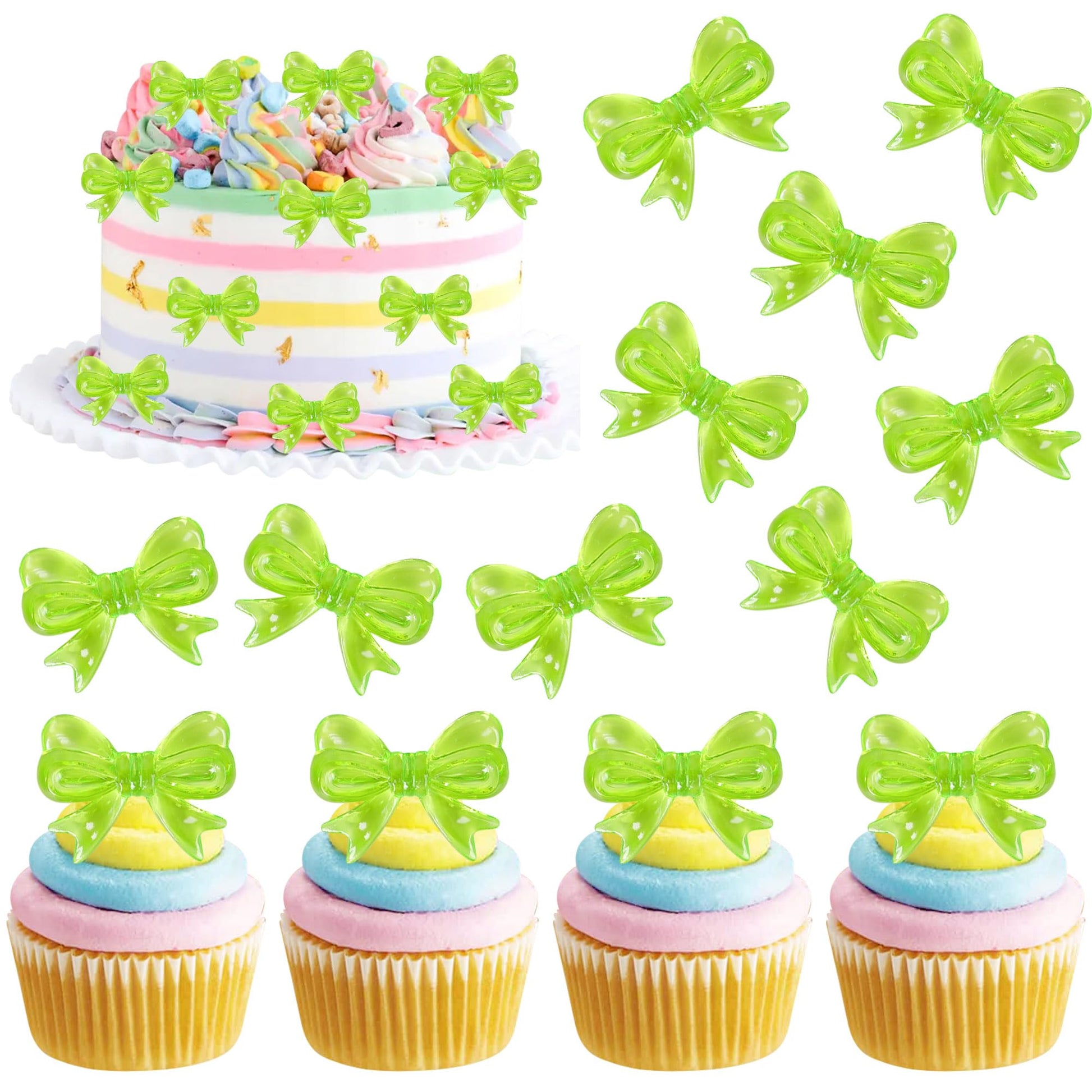 YCTHUNFISH 30 Pack Pink Bow Cupcake Toppers - Bowknot Paper Picks for Wedding, Bridal Shower, Birthday Party, Green