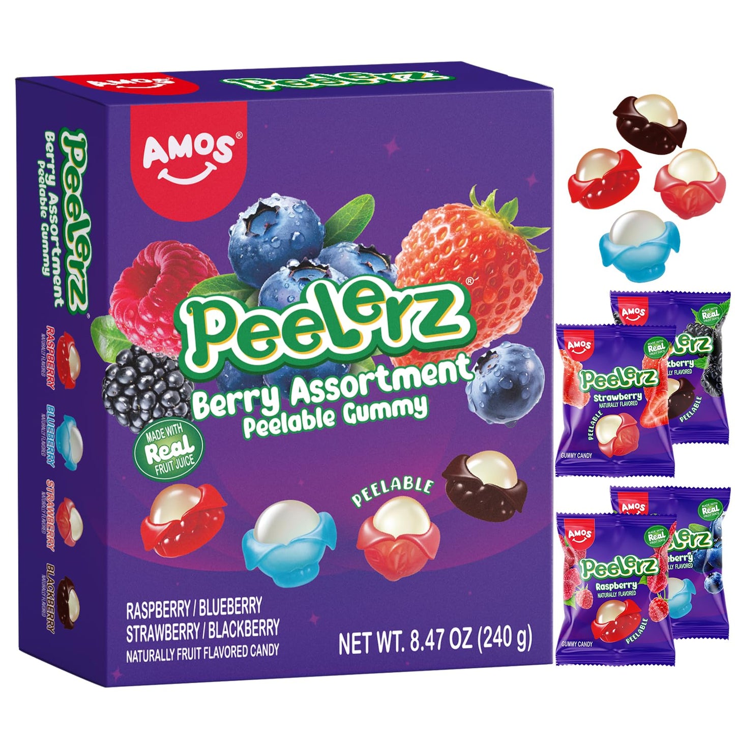 AMOS Peelerz Berry Assortment Gummy Candy 240g | Peelable Fruit-Shaped Gummies Made with Real Fruit Juice | Fun Peeling Snack fo