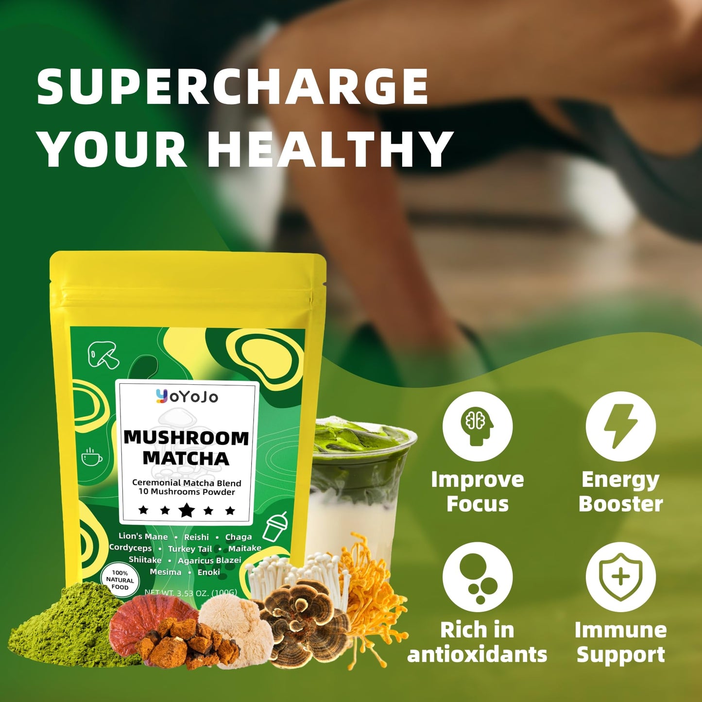 Mushroom Matcha, 10 Superfood Mushroom Powder Blend With Japanese Ceremonial Grade Matcha, Mushroom Coffee Alternative For Energ