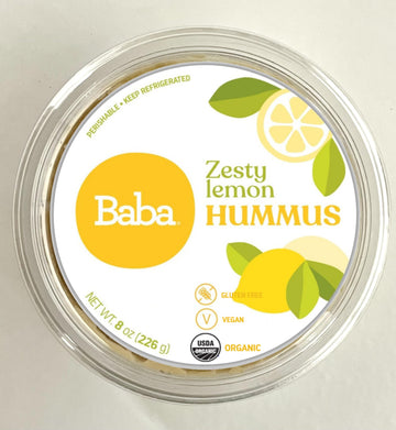 Baba Organic Hummus (8 Oz) - Usda Organic, Gluten Free, Vegan, Non-Gmo, Cholesterol Free, Zero Preservatives (Zesty Lemon Hummus