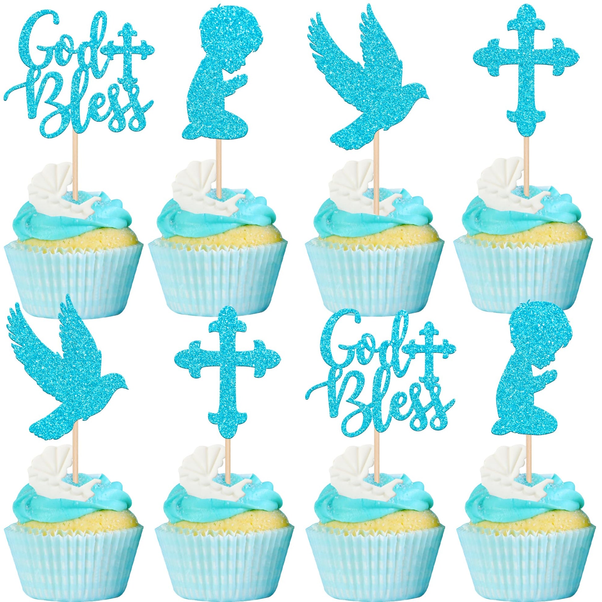 ZHUOWEISM Cupcake Toppers 24 PCS Glitter Dove Baptism Theme Small Design 3 Blue