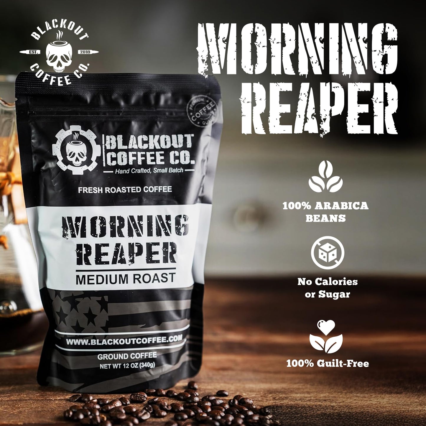 Blackout Coffee Morning Reaper Ground Coffee - Medium Roast, Bold & Strong Flavor - Freshly Roasted 12oz Bag, American Made