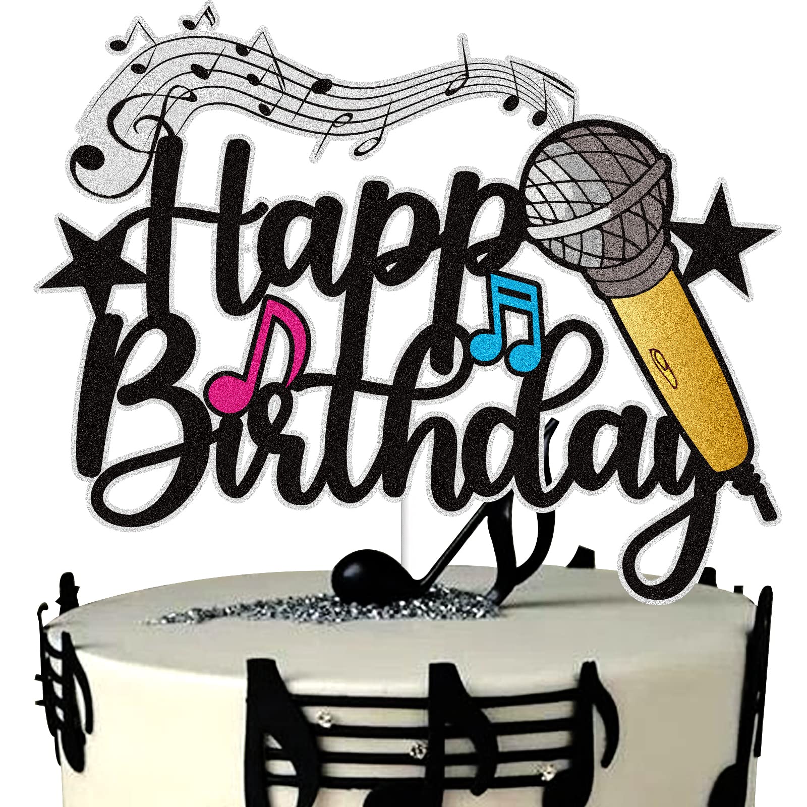 Microphone Happy Birthday Cake Topper Black Glitter Host Music Cake Decor Karaoke Musical Theme Birthday Party Supplies For Boys