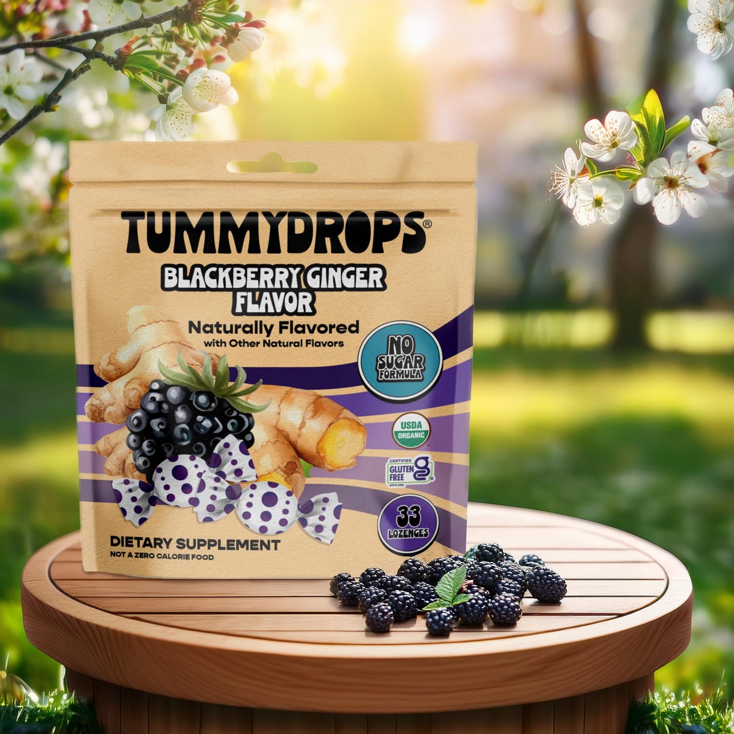 Tummydrops, No Sugar Sweet Blackberry Ginger Flavor, Gluten Free & Vegan, 33 Individually Wrapped Organic Ginger Lozenges Made W