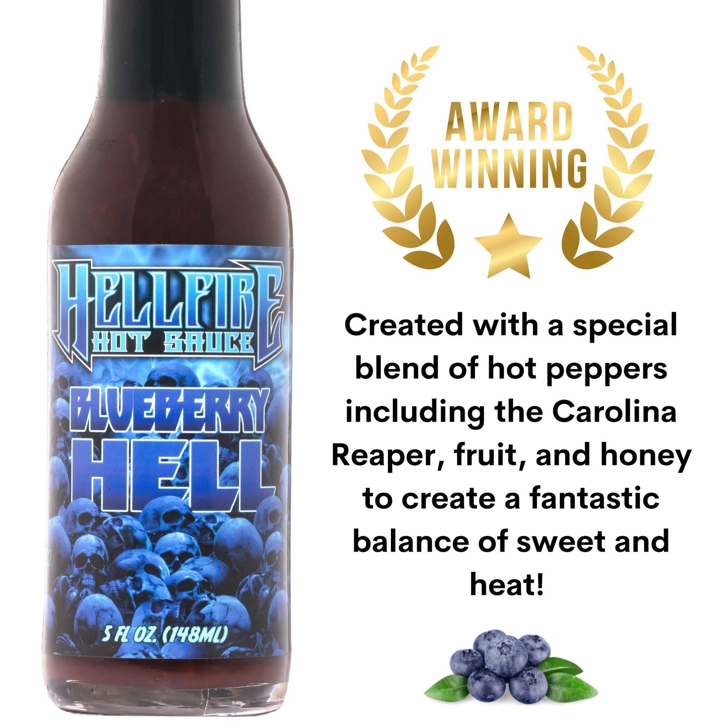 Hellfire Blueberry Hell Hot Sauce With Carolina Reaper Peppers, Gourmet, Award-Winning Fruit-Based Hot Sauce, 5 Oz.