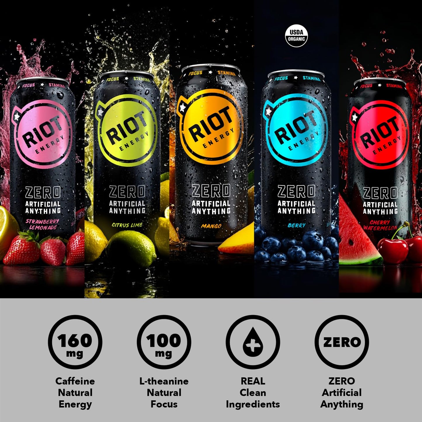 teaRIOT RIOT Clean Energy Drink Variety Pack, Natural Ingredients, 16 Fl Oz, No Sugar Added, Pack of 12