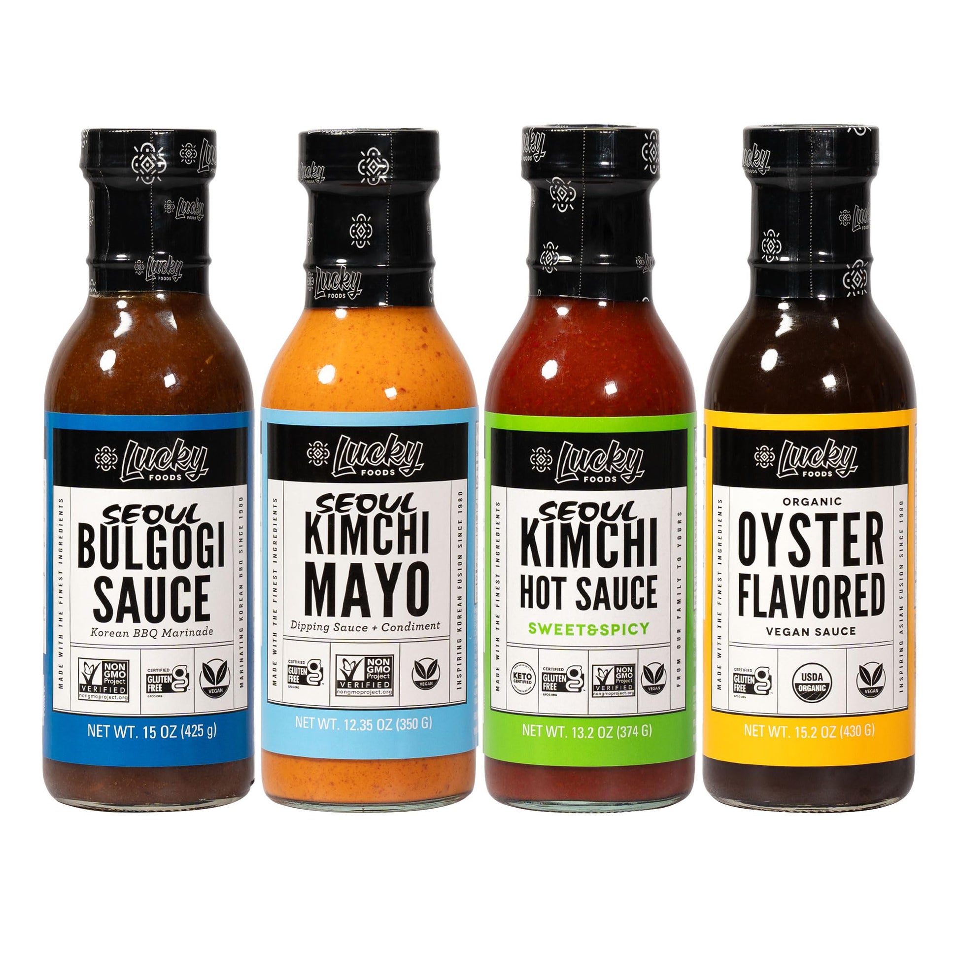 Lucky Foods Variety pack of Kimchi Mayo, Kimchi Hot (Sweet & Spicy), Bulgogi & Oyster Flavored Sauces (4 bottles/total 55.75 oz)