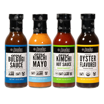 Lucky Foods Variety pack of Kimchi Mayo, Kimchi Hot (Sweet & Spicy), Bulgogi & Oyster Flavored Sauces (4 bottles/total 55.75 oz)