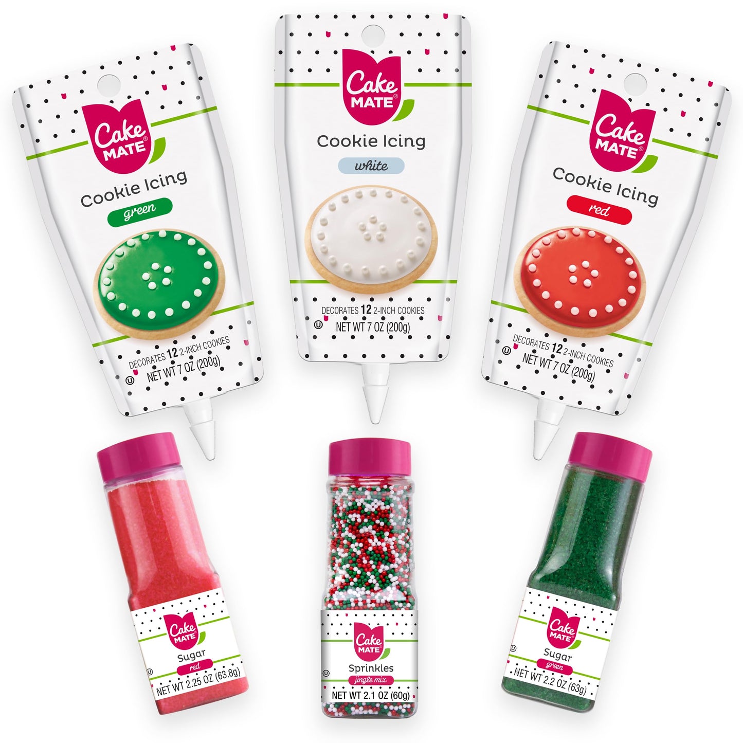 Cake Mate Christmas Decorating Kit - Red & Green Sugar, Cookie Icing Pouches, Jingle Mix Non Pareil - Holiday Baking Essentials