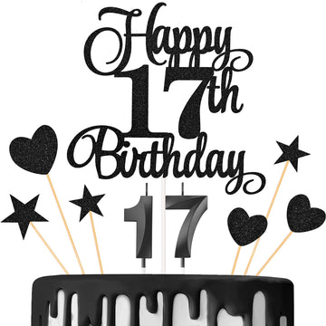 Lecferrarc 17th Birthday Cake Decorations, 17th Birthday Candles Cake Numeral Candles and Glitter Happy 17th Birthday Cake Toppe