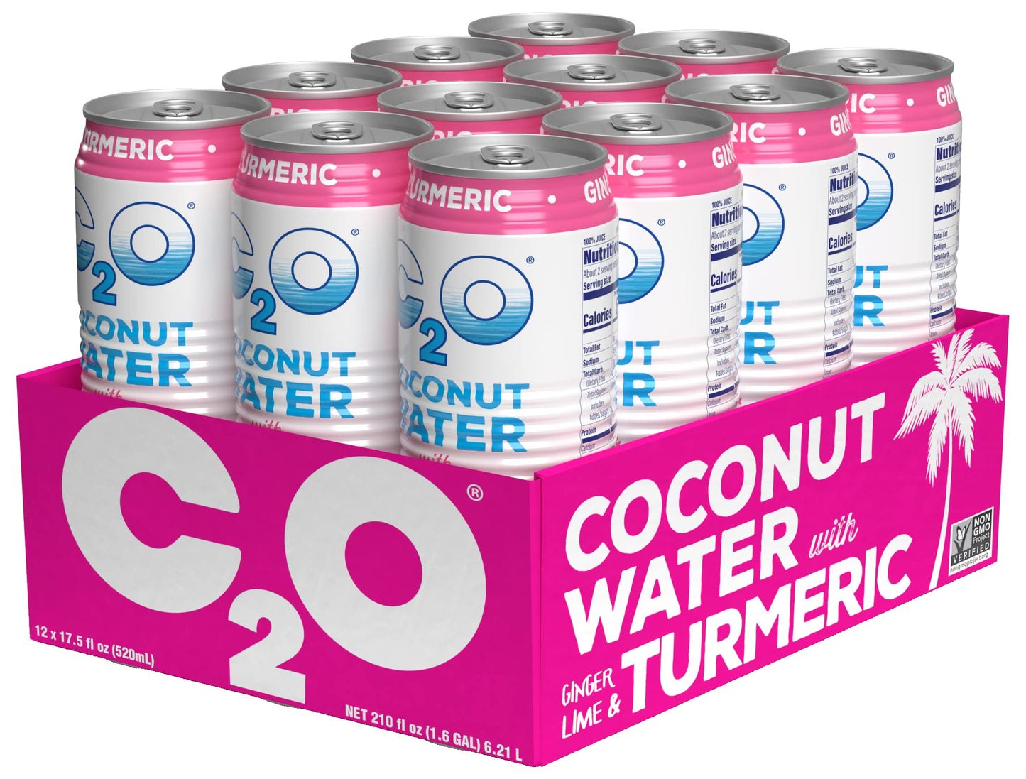 C2O Coconut Water with Ginger, Lime & Turmeric - 12 Pack, 17.5 FL OZ Cans - Plant-Based, Non-GMO Natural Hydration & Electrolytes