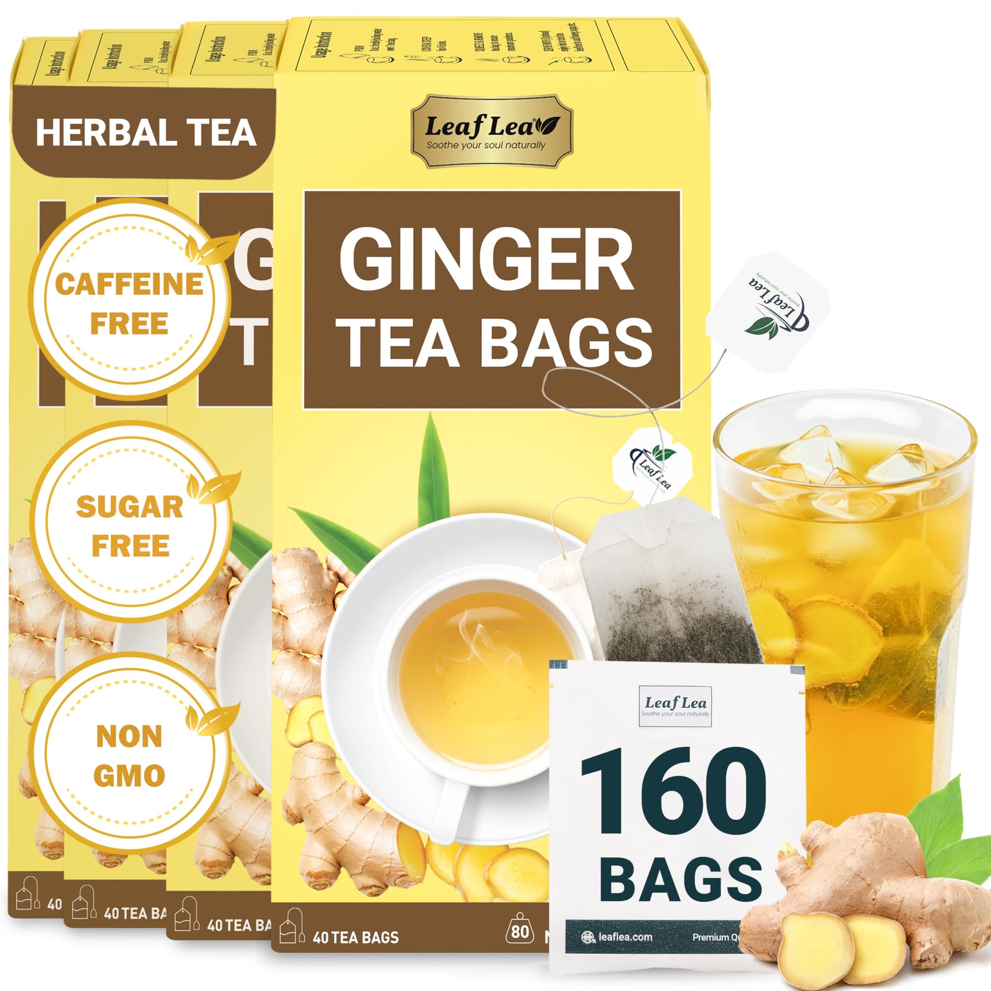 LeafLea Ginger Tea Bags, Pure Herbal Tea, Caffeine Free, Sugar Free, 160 Bags (Pack of 4)