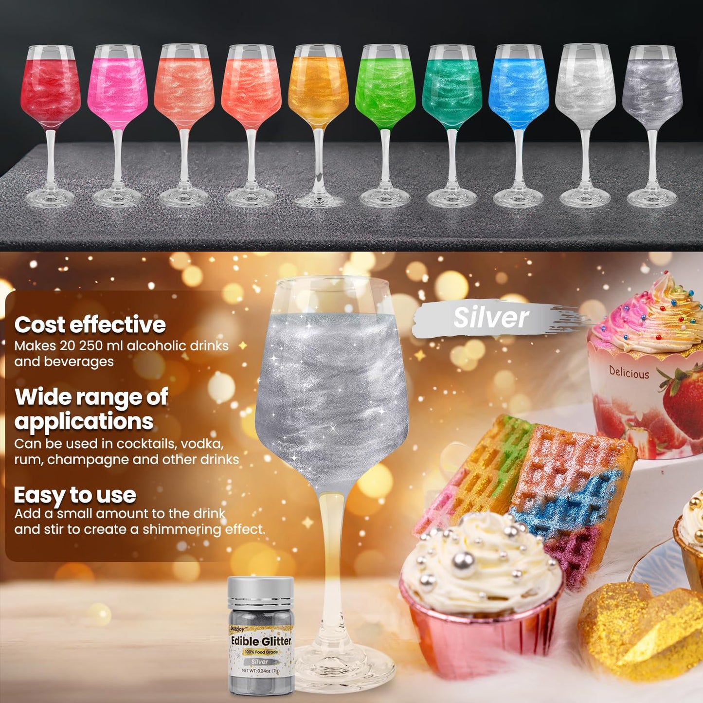Dazzjoy Silver Edible Glitter, Food Grade Shimmer for Cake Decorating, 7g