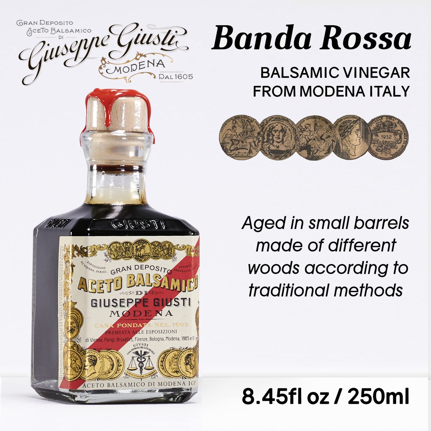 Giusti Premium Balsamic Vinegar of Modena IGP, 8.45 fl oz, Thick & Rich, Black, Model CONDIM_GIUST_04, Gift Boxed