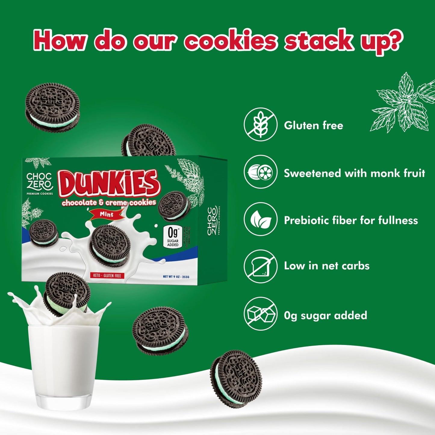 Choczero Mint Creme Chocolate Sandwich Cookies, Gluten Free, No Added Sugar, High In Fiber, Keto Friendly Dunkies (1 Box, 9Oz)