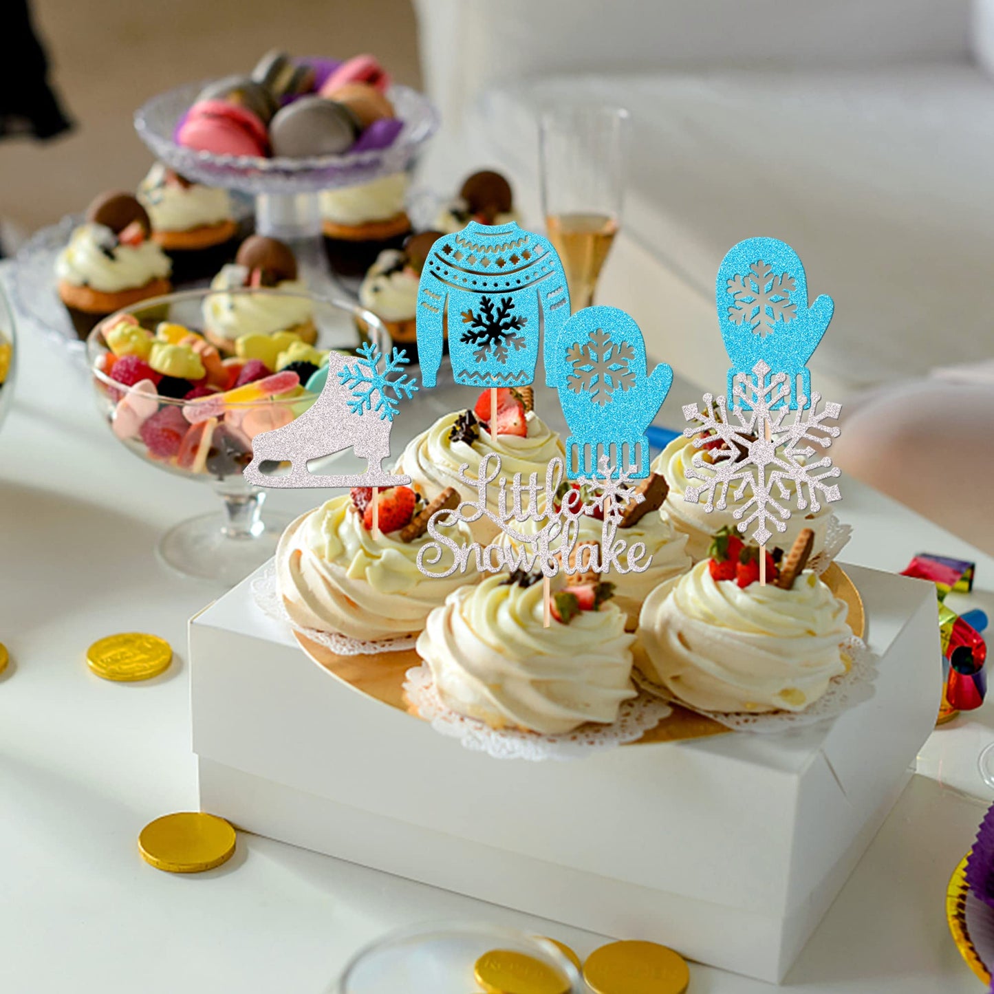 30 Pcs Snowflake Cupcake Toppers Glitter Skate Shoe Gloves Sweater Cupcake Picks For Snowflake Theme Winter Wonderland Baby Show