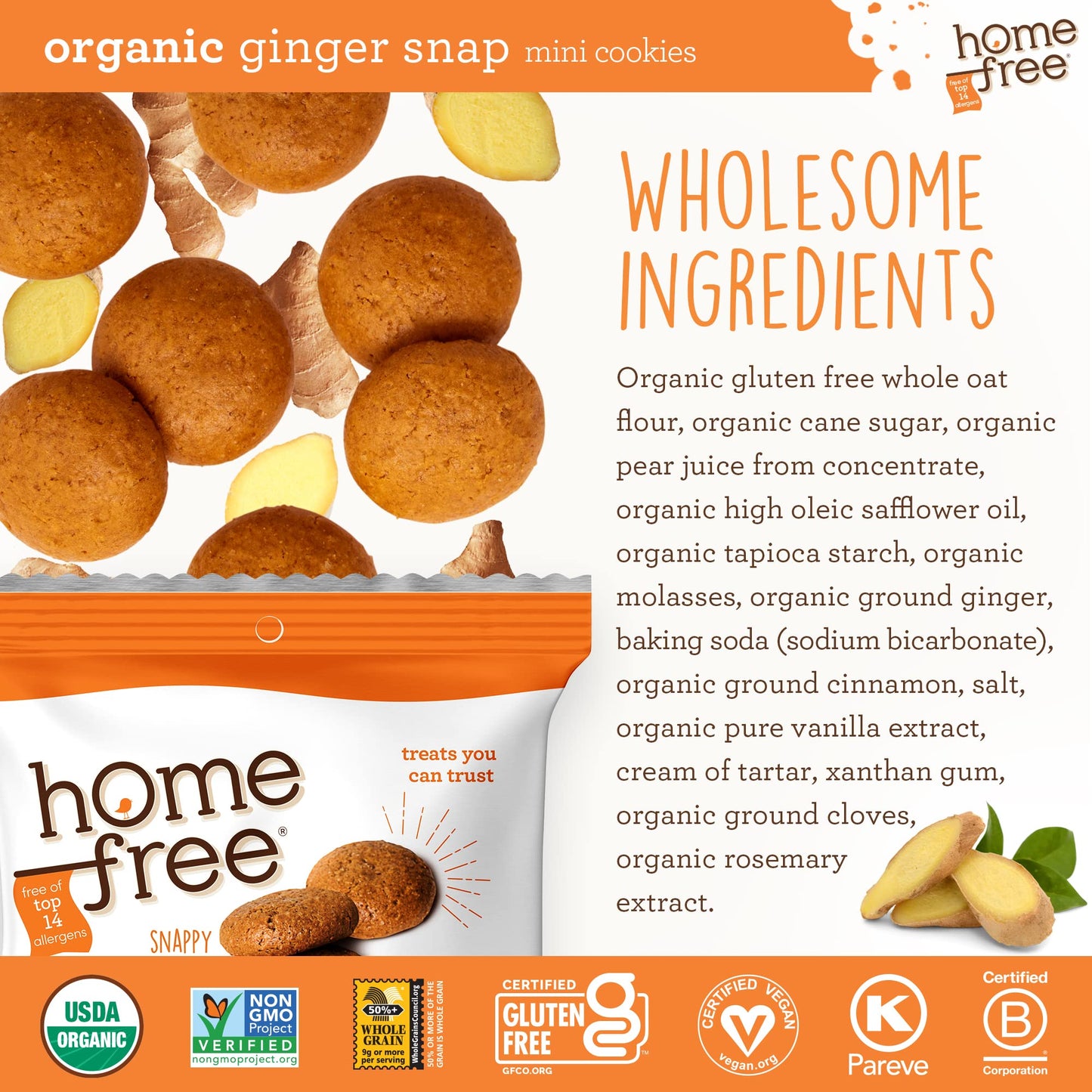 Homefree Mini Ginger Snap Cookies, Organic, Gluten Free, Nut Free, Vegan, Individually Wrapped Packs, School Safe And Allergy Friendly Snack, 0.95 Oz. (Pack Of 10)