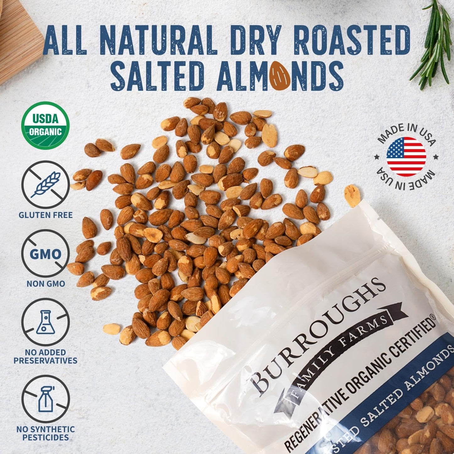 Burroughs Family Farms 3 Lb Roasted Salted Almonds - Usda Organic, First Regenerative Organic Certified Almond Farm - 2X The Ant