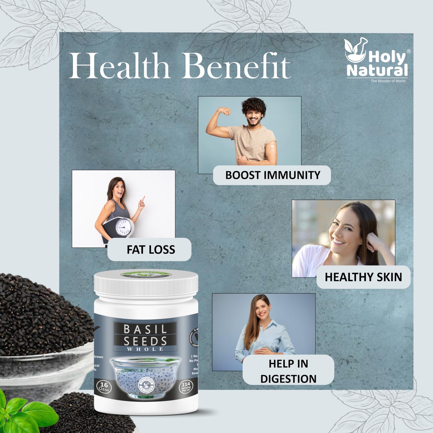 Holy Natural Basil Seeds - Edible Sabja/Falooda Seeds, 16 Oz, Rich in Fiber, Natural Body Coolant
