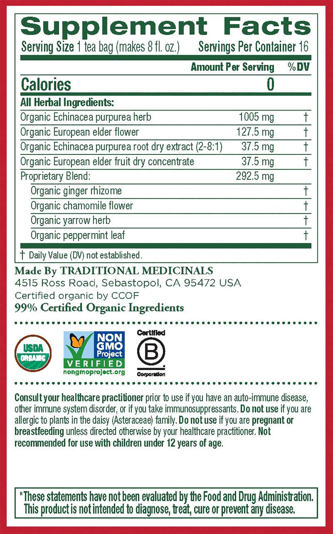Traditional Medicinals Organic Echinacea Plus Elderberry Herbal Tea, Promotes Immune Function, (Pack Of 1) - 16 Tea Bags