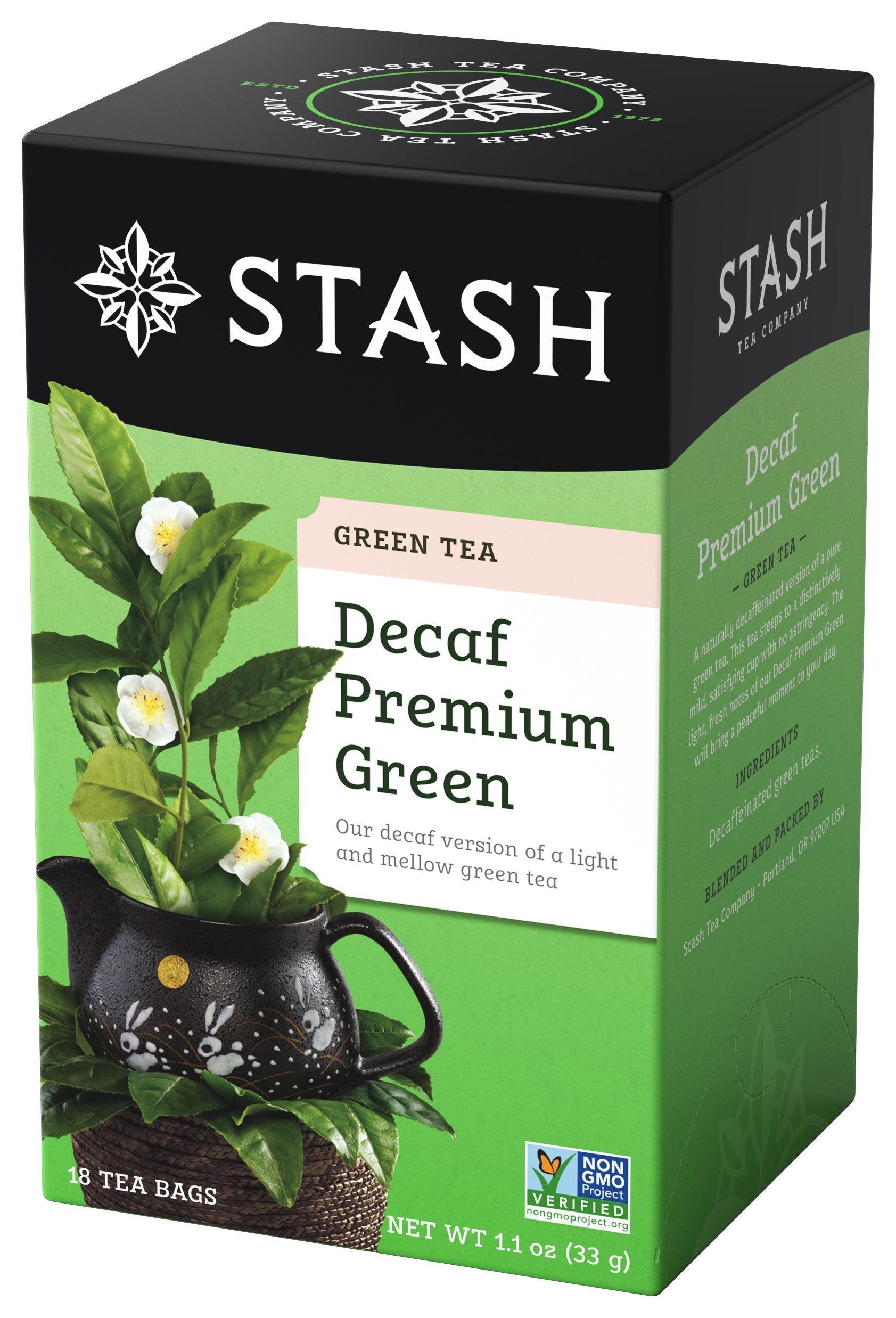 Stash Tea Decaf Premium Green Tea, Non-GMO, 18 Count (Pack of 6), Model 08259, 108 Bags Total