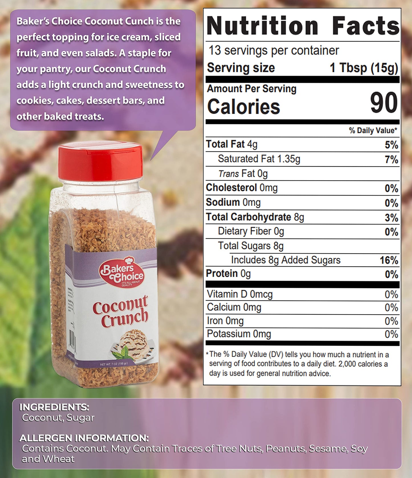 Coconut Crunch Topping - Coconut Sprinkles For Ice Cream Sundae Toppings - 7 Ounce - Dairy Free, Kosher - Baker’S Choice