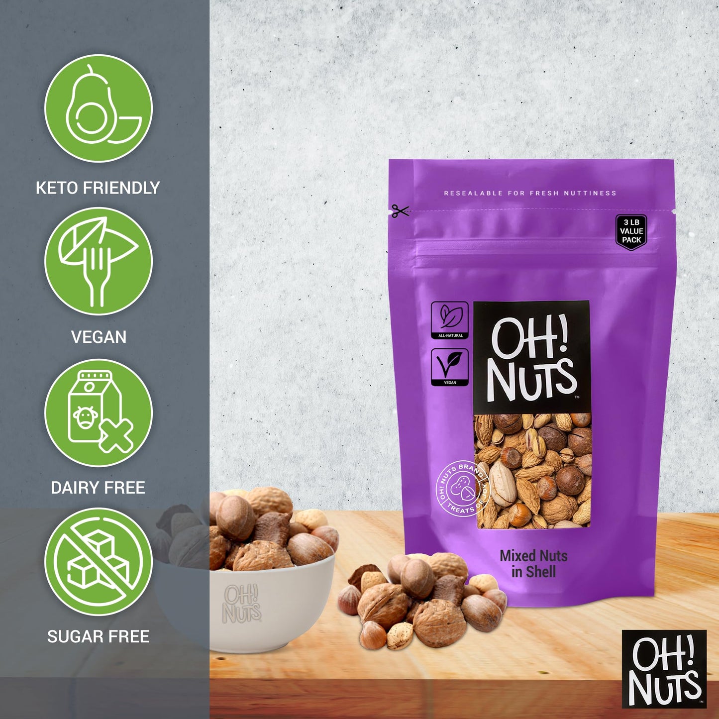 Mixed Nuts In Shell | Raw - 100% Natural | 3 Lb | Jumbo-Sized Premium Shelled Nuts | Packed In New York Zip-Seal Bag For Exceptional Freshness By Oh Nuts