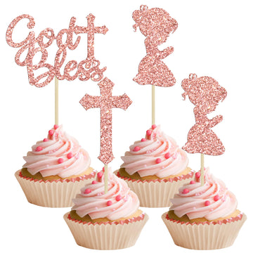 Gyufise 24Pcs Rose Gold Glitter Girl God Bless And Baptism Cupcake Toppers Cross Babyshower Cupcake Picks First Communion Christ