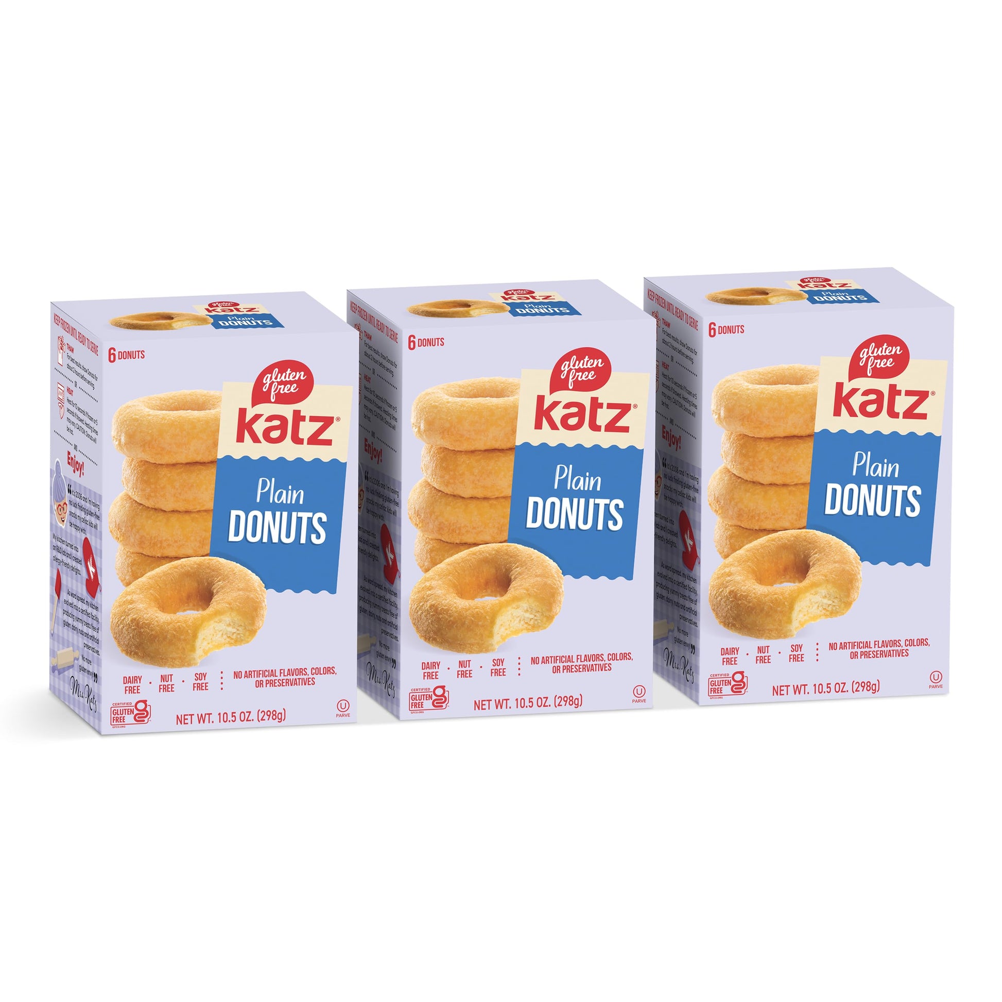Katz Gluten Free Plain Donuts. Ready to Finish, Free of Soy, Sesame, Dairy, and Nuts. Kosher 10.5oz (3pk)