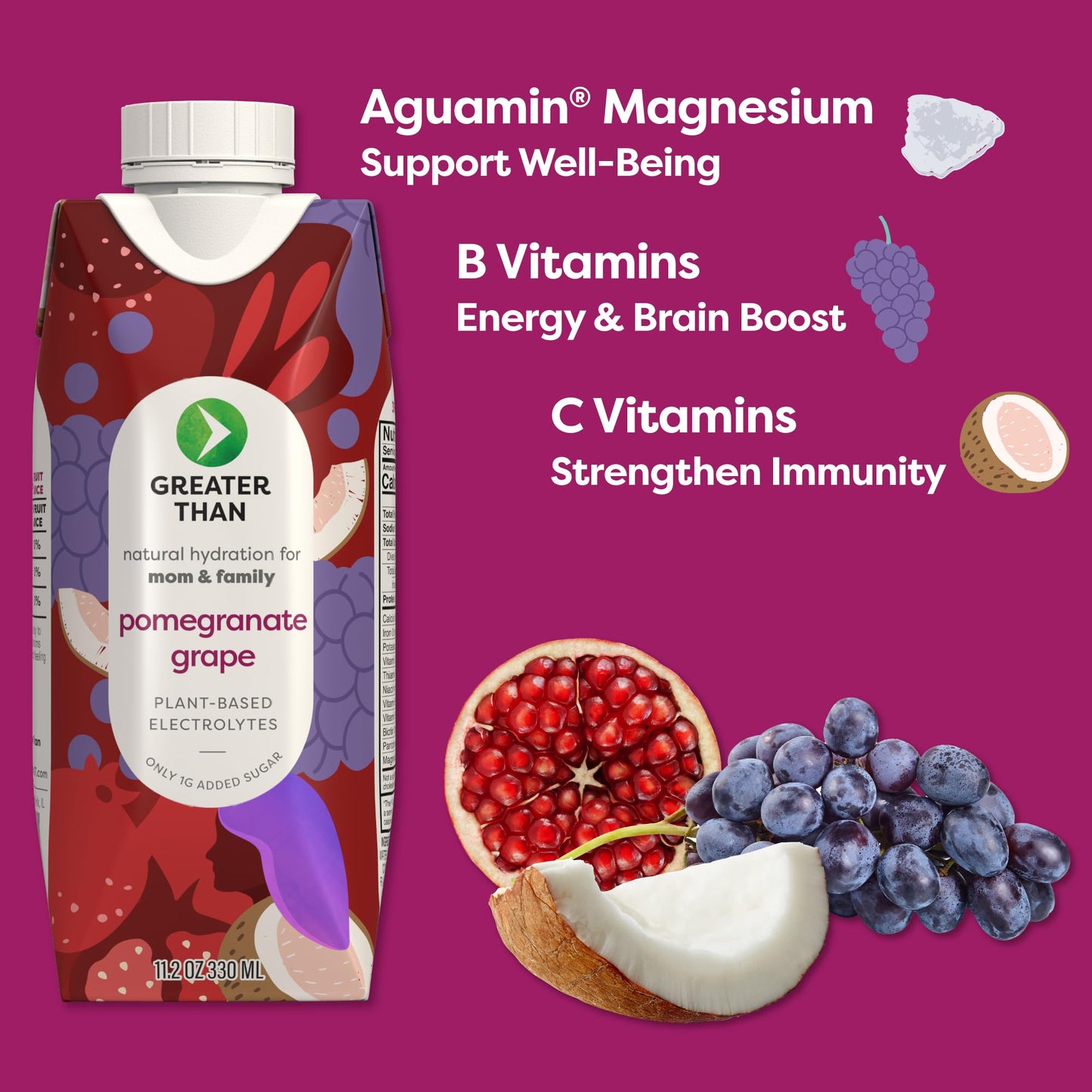 Greater Than Nutrient Hydration Beverage  Electrolyte Drink for Gut Health & Energy with Coconut Water  Vitamins  Gluten Free  Plant Based  Low Sugar  Pomegranate G  24 Pack