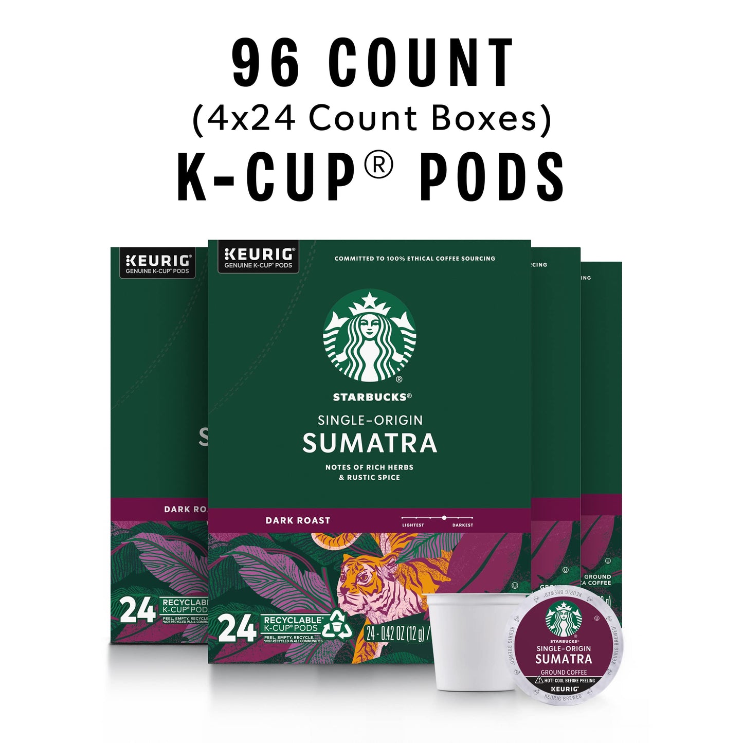 Starbucks K-Cup Coffee Pods, Dark Roast, 100% Arabica, 24 Count (Pack of 4), Sumatra, Model 12434953