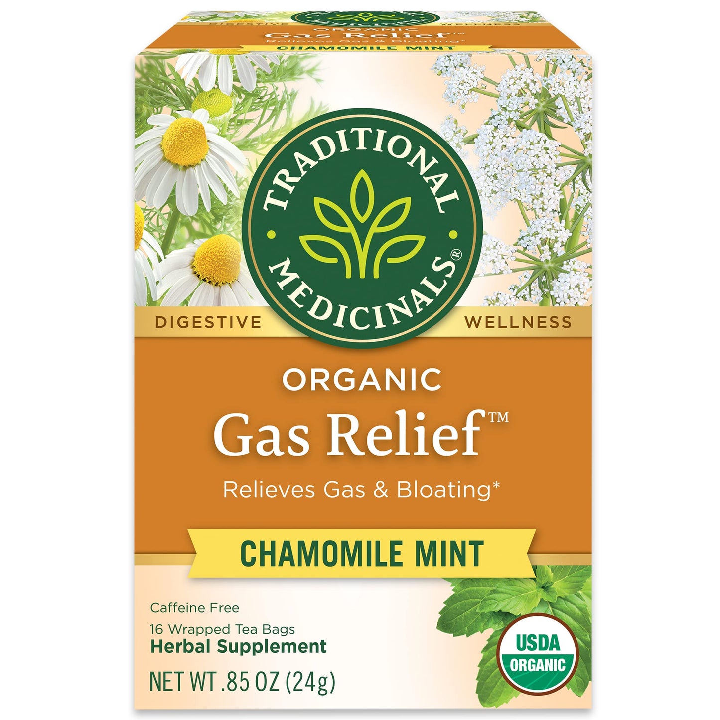 Traditional Medicinals Organic Gas Relief Chamomile Mint Herbal Tea, Relieves Gas & Bloating, (Pack Of 3) - 48 Tea Bags Total