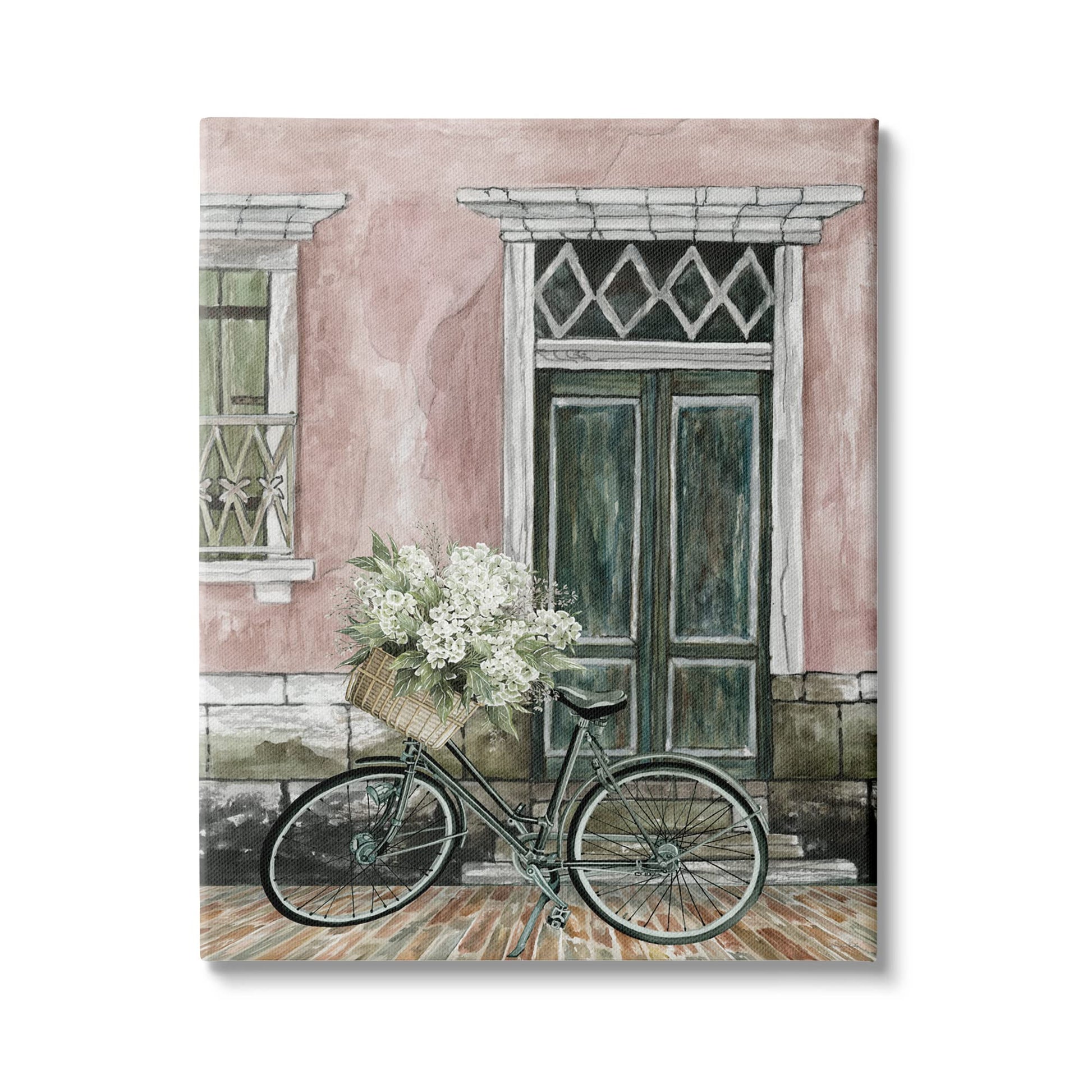 Stupell Industries Spring Bicycle Lush Floral Bouquet Vintage City Architecture, Designed by Cindy Jacobs Canvas Wall Art, 16 x 