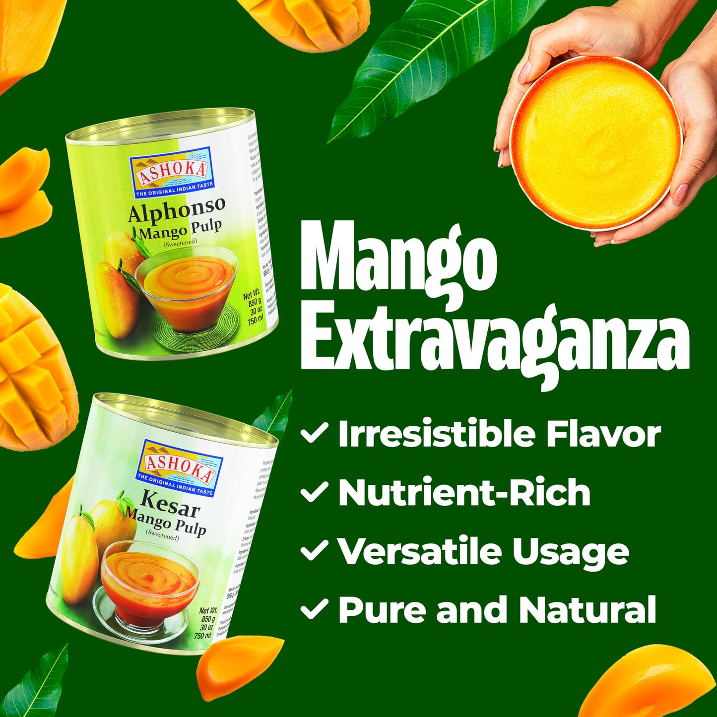 ASHOKA Canned Mango Pulp - Premium Alphonso Mango Extract, Sweetened, 30 Ounce (Pack of 3)