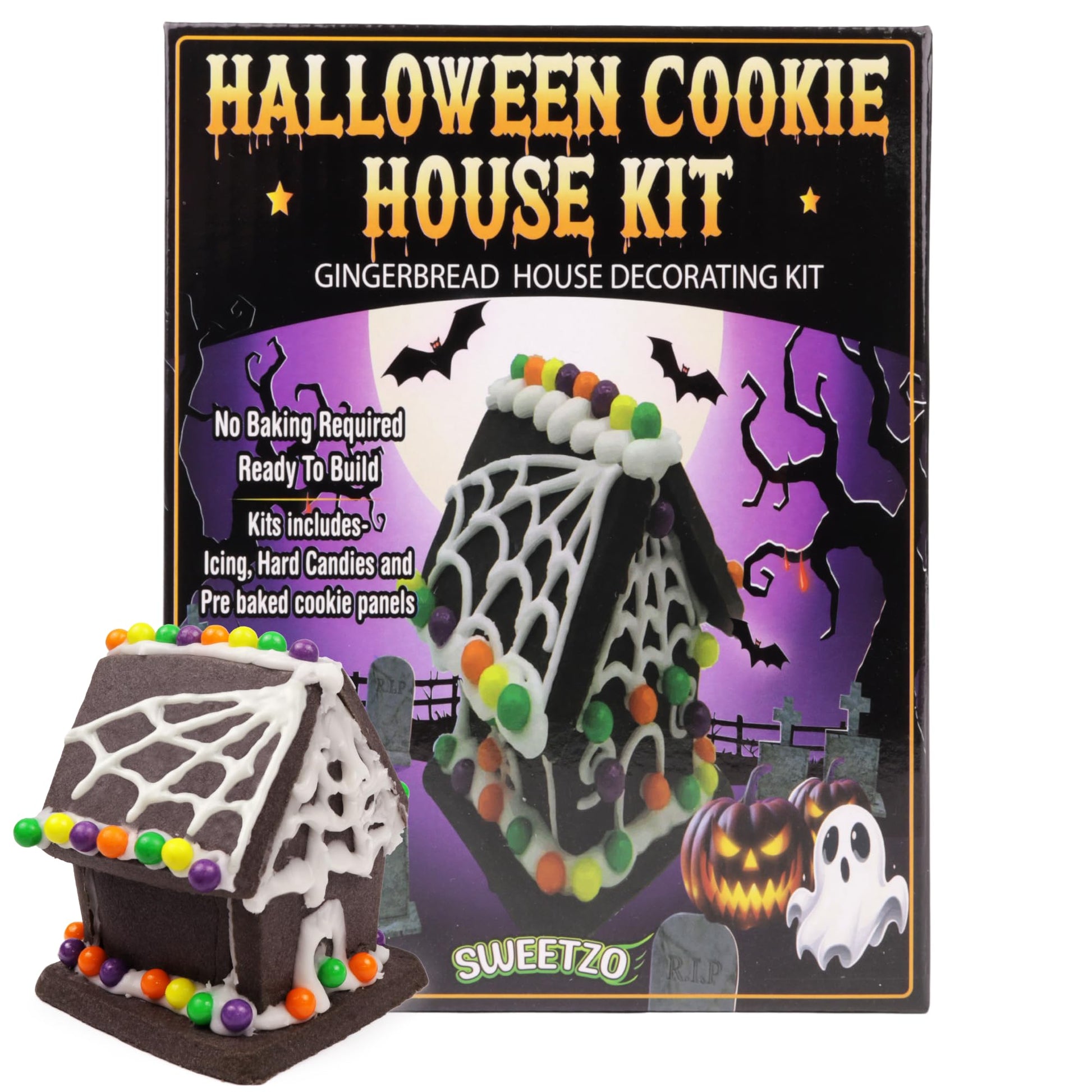 Small Halloween Gingerbread House Kit, DIY Cookie Decorating Activity, Supplies Included, 6.88 Ounces