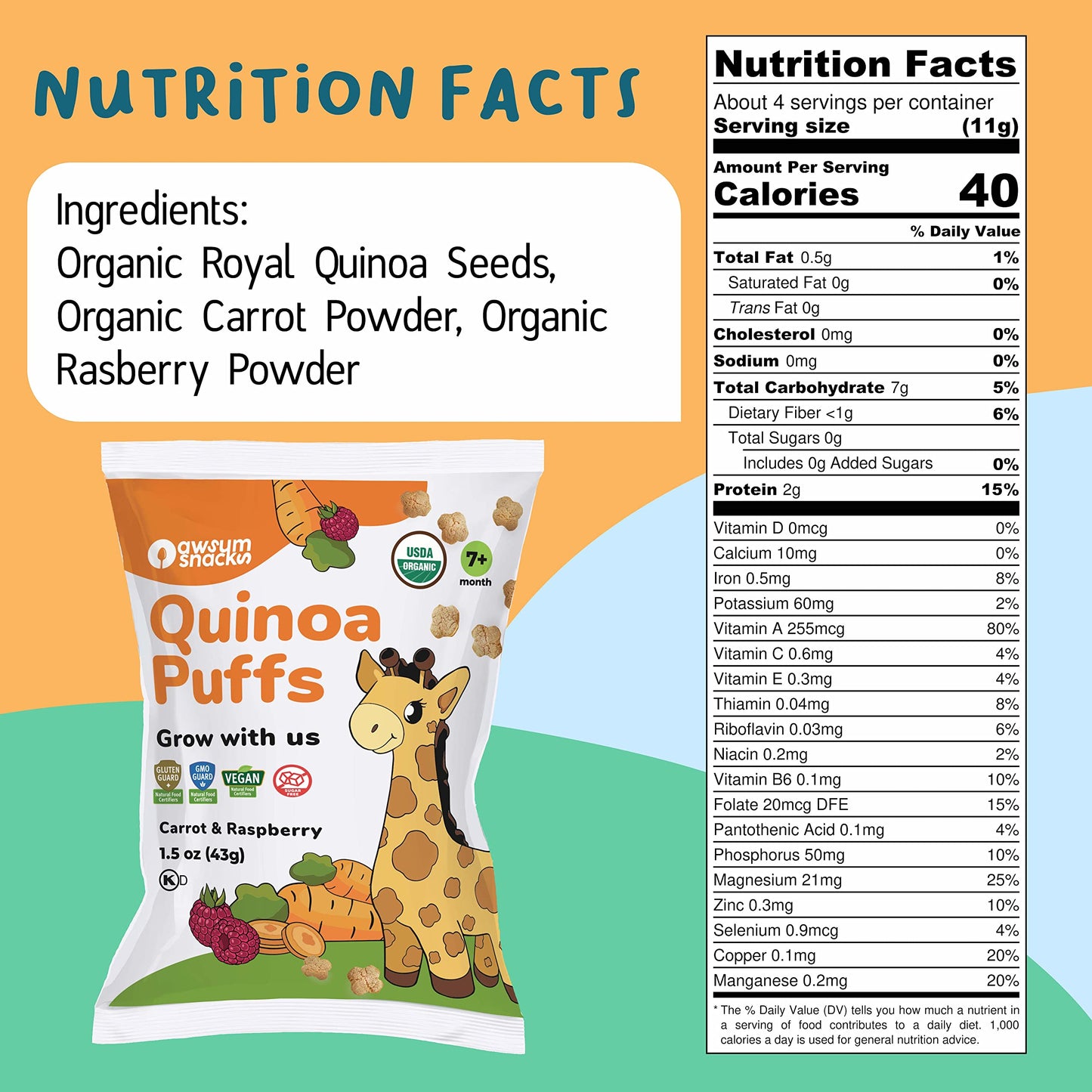 Awsum Snacks | Baby Puffs | Healthy Kids Snacks - 12 Bags - Usda Organic | Kosher | Non Gmo | Gluten Free |No Sugar (Carrot & Ra